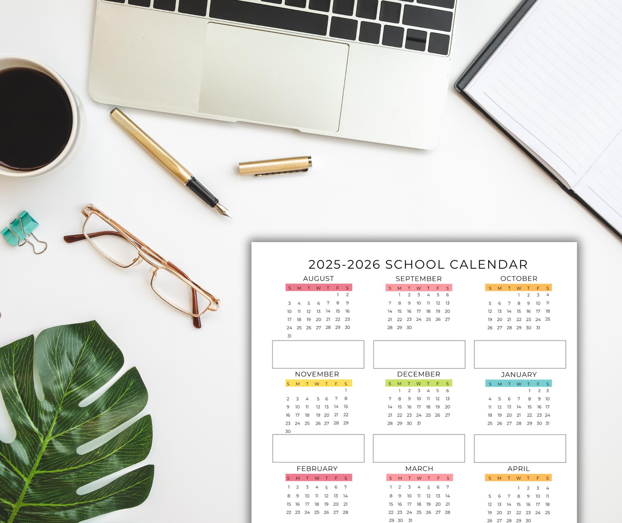 Editable School Year Calendar 20252026 for Preschool, Kindergarten