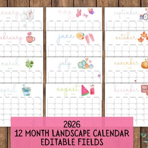 2026 EDITABLE Printable Watercolor Calendar,Printable Fillable Monthly Calendar, A4, A5, Letter Landscape 12 month Calendar Digital Planner