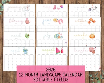 2026 EDITABLE Printable Watercolor Calendar,Printable Fillable Monthly Calendar, A4, A5, Letter Landscape 12 month Calendar Digital Planner