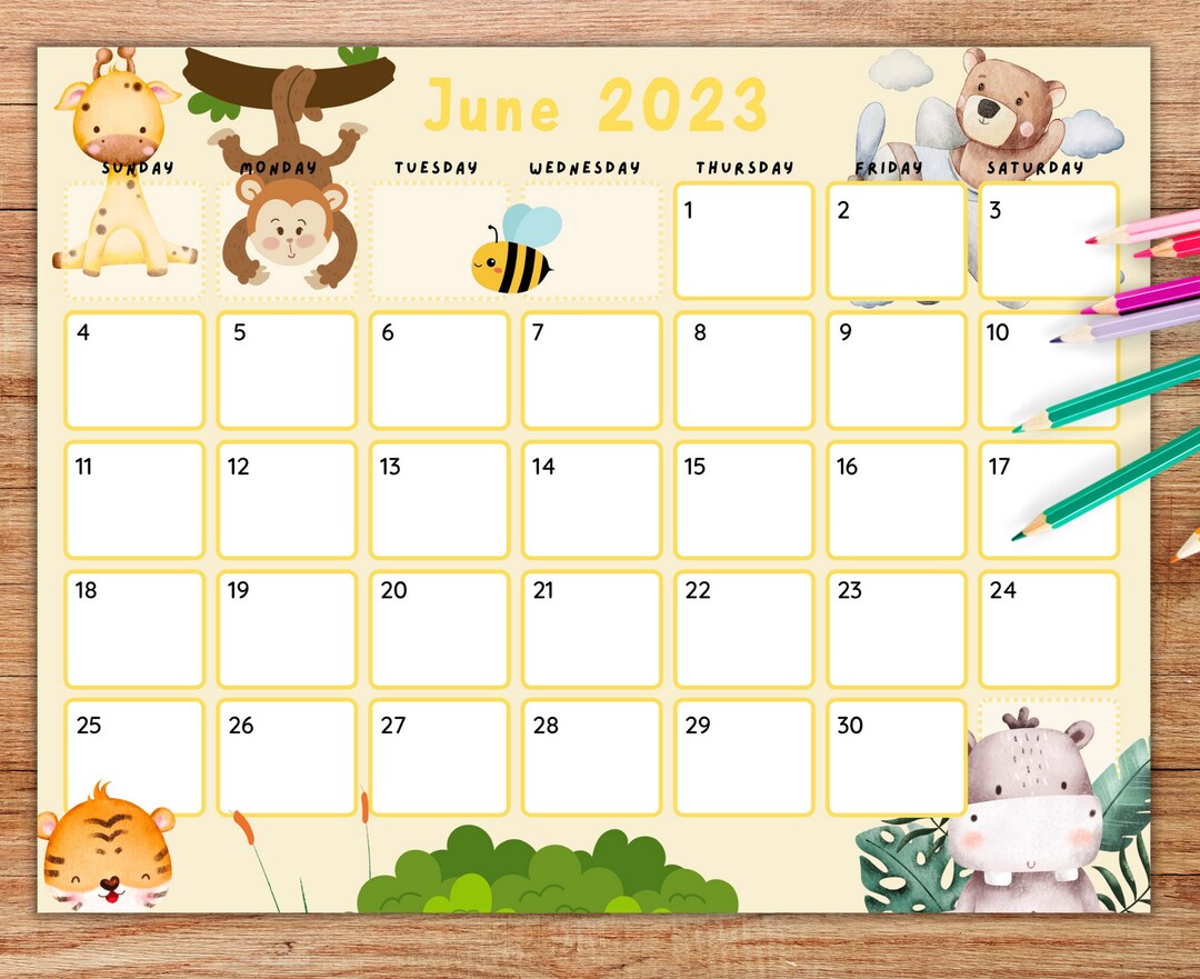 EDITABLE June Calendar Cute PRINTABLE Fillable Kids Calendar Etsy