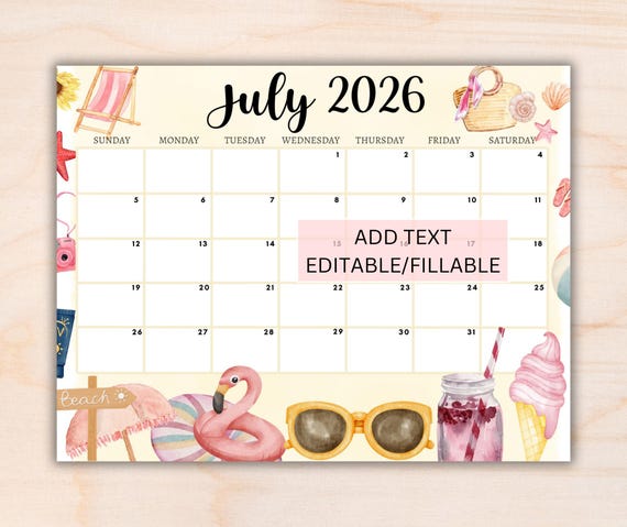 EDITABLE July 2027 Calendar, Printable Monthly Calendar for July, Monthly Calendar, Classroom Calendar, Fillable Calendar, Download - Etsy