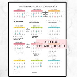 Editable School Year Calendar 2025-2026 School Calendar, Printable 2025 2026 Academic Year At-A-Glance Calendar, Digital Download, Preschool