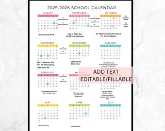 Bewerkbare schooljaarkalender 2025-2026 schoolkalender, afdrukbare 2025 2026 academisch jaar overzichtelijke kalender, digitale download, kleuterschool