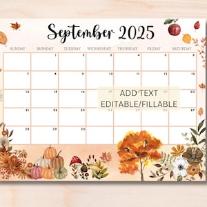 EDITABLE September 2025 Calendar, Printable Monthly Calendar for September, Fall Calendar, Classroom Calendar, 2025 Sept Calendar, Autumn