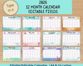 EDITABLE Monthly Calendar 2026 Bundle, Printable Fillable 2026 Calendar, Whole Year Planner, Monthly Calendar 2026, 2026 Planner Fillable