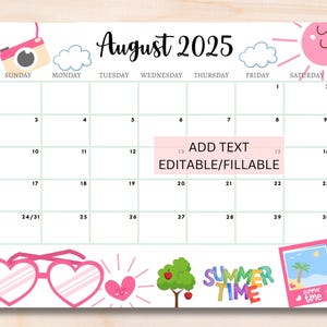 EDITABLE August 2025 Calendar, Printable Wall Calendar 2025, Cute Calendar for August Fillable, Monthly Classroom Calendar, Family Calendar