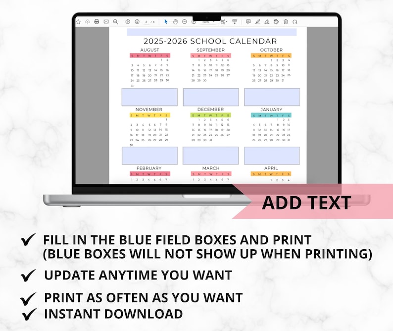 Editable School Year Calendar 20252026 for Preschool, Kindergarten