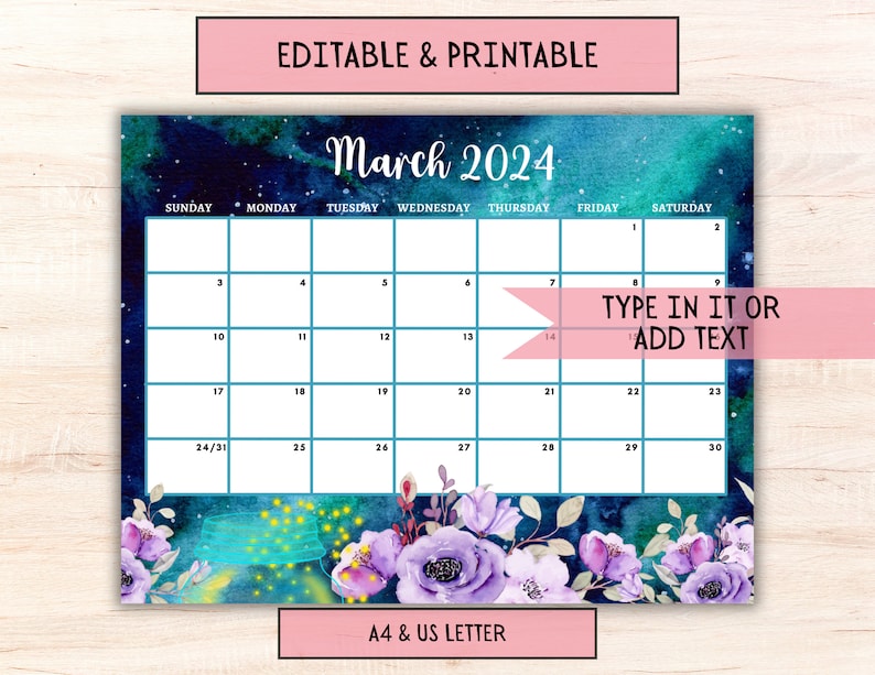 EDITABLE March 2024 Calendar W/ Beautiful Spring Flowers, Printable