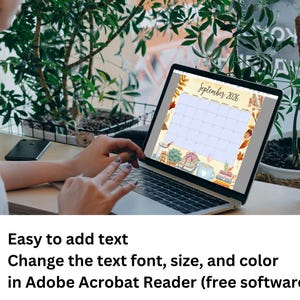 May include: A laptop displays a September 2026 calendar with a beige background and autumn-themed illustrations. The screen shows the text "Easy to add text" and "Change the text font, size, and color in Adobe Acrobat Reader (free software)".