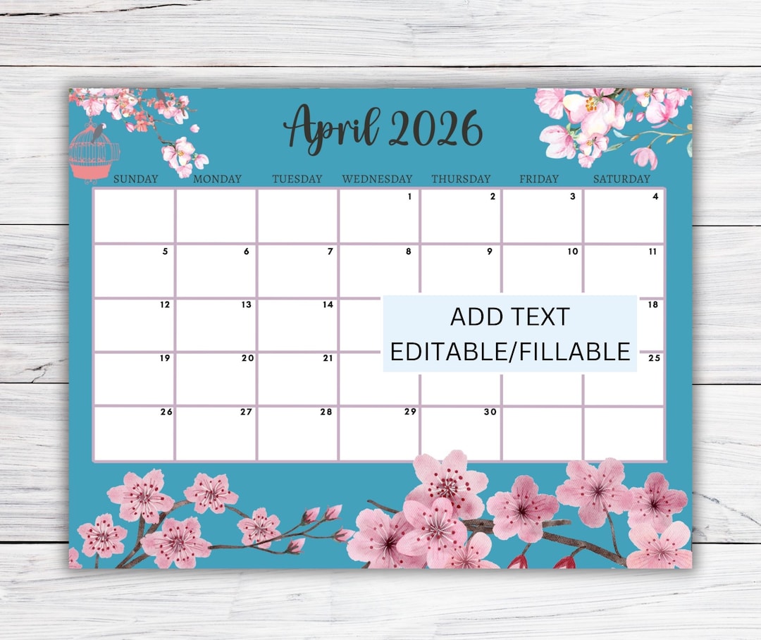 EDITABLE April 2026 Calendar, Printable Fillable Monthly Calendar for ...