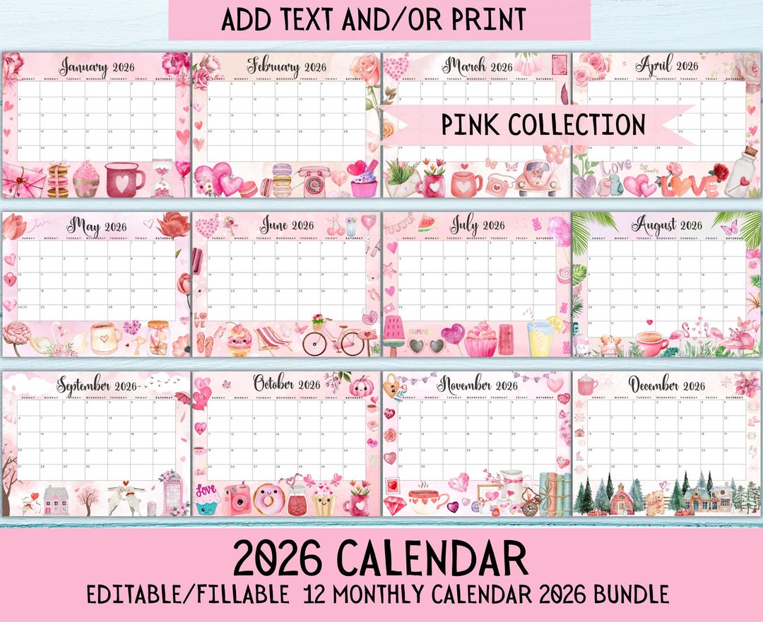 EDITABLE Monthly Calendar 2026 Bundle, Cute Pink Printable Fillable ...