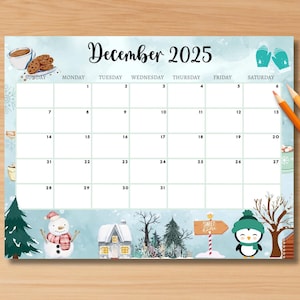 EDITABLE December 2025 Calendar, Printable Monthly Calendar, Winter Classroom Calendar, December 2025 Calendar for Kids, Home,Work School