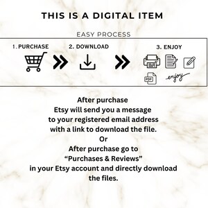 Puede incluir: Imagen con texto: "THIS IS A DIGITAL ITEM." Un gr&aacute;fico muestra el proceso f&aacute;cil: Comprar, Descargar, Disfrutar. El texto explica c&oacute;mo descargar el archivo despu&eacute;s de la compra de Etsy o su cuenta.