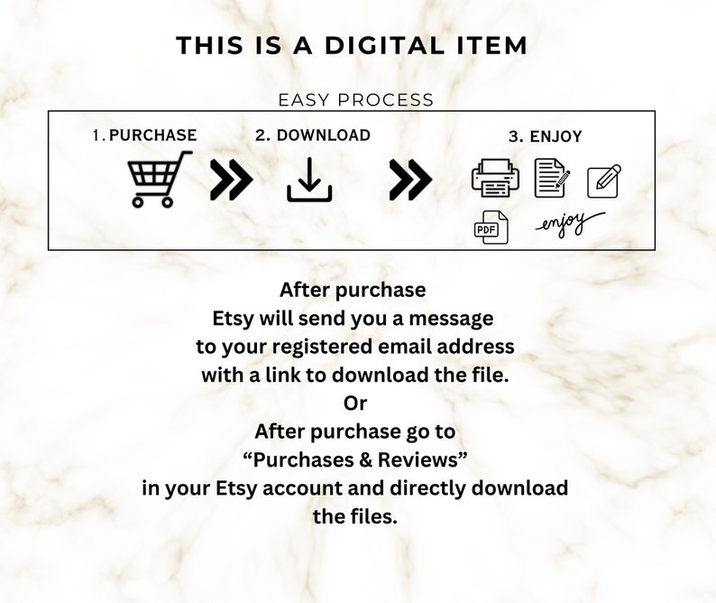 Puede incluir: Imagen con texto: "THIS IS A DIGITAL ITEM." Un gr&aacute;fico muestra el proceso f&aacute;cil: Comprar, Descargar, Disfrutar. El texto explica c&oacute;mo descargar el archivo despu&eacute;s de la compra de Etsy o su cuenta.