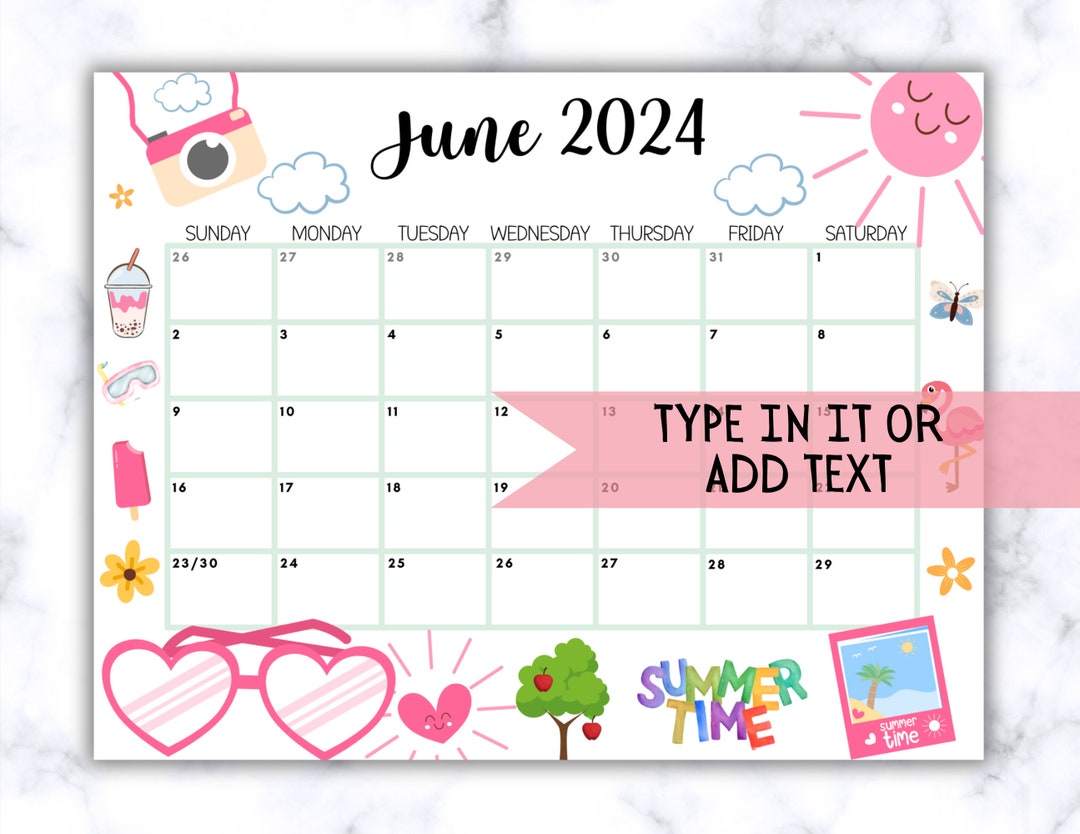 EDITABLE June 2024 Calendar, Printable Wall Calendar 2024, Cute ...