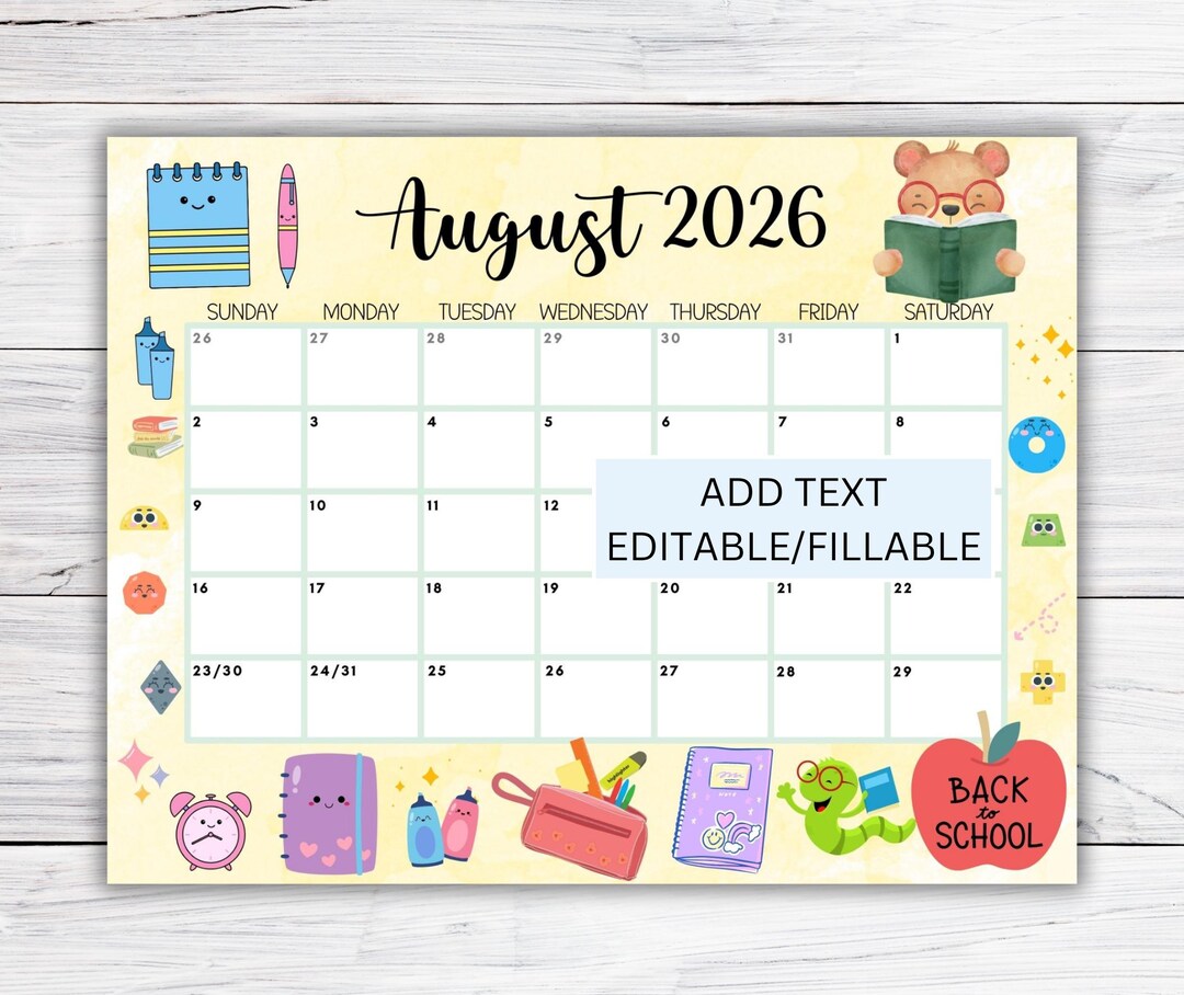 EDITABLE August 2026 Calendar, Printable Monthly Calendar 2026, Back to ...