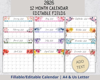 May include: A set of 12-month 2026 calendars with floral accents. Each month features a different floral design at the top. The calendars are fillable and editable, with the text "2026 12 MONTH CALENDAR EDITABLE FIELDS" at the top.