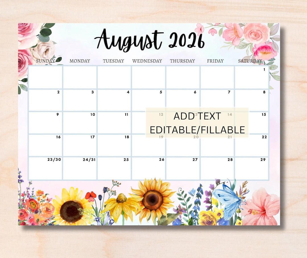 EDITABLE August 2026 Calendar Summer Sunflowers Nature Printable Wall ...
