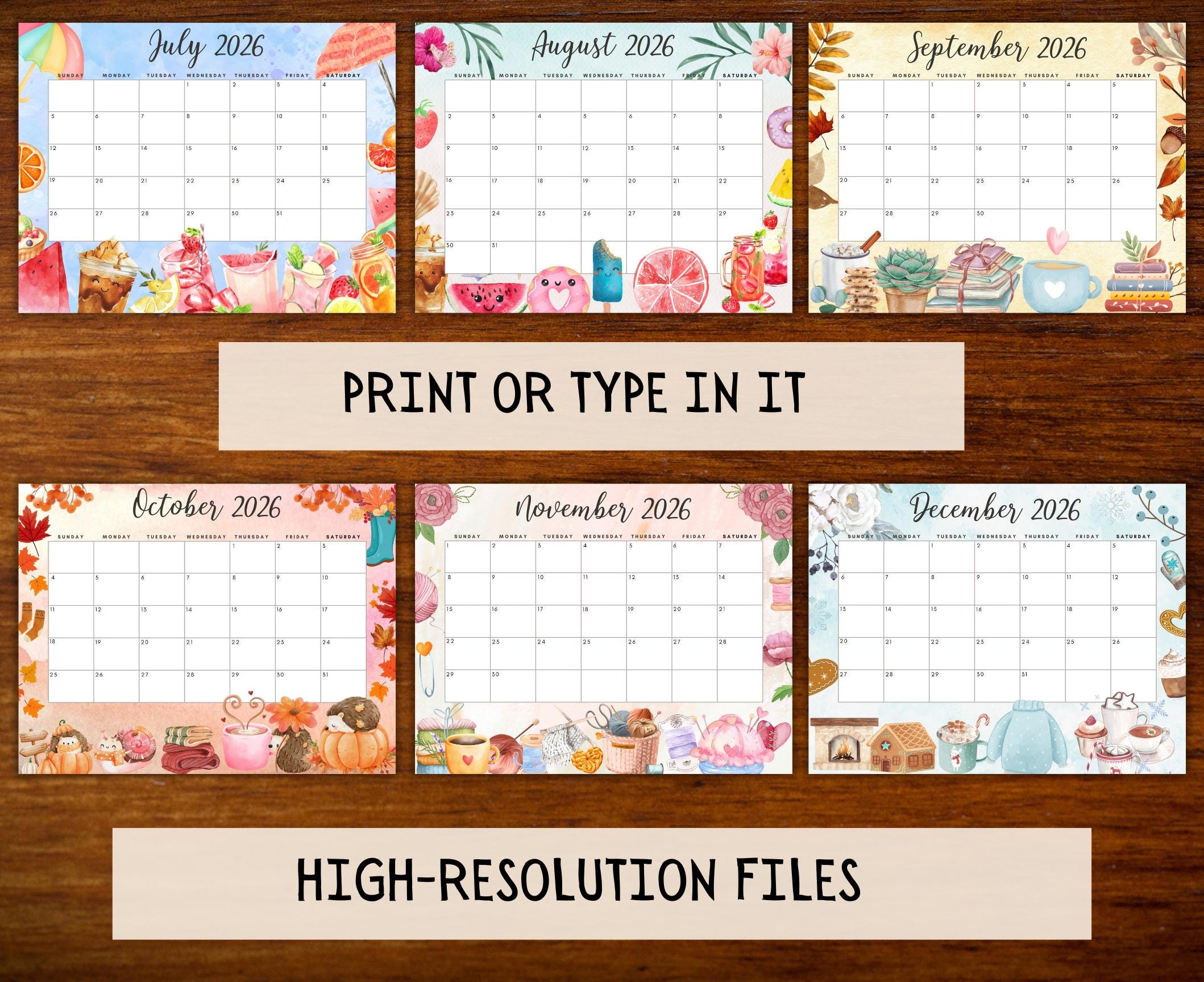 EDITABLE Monthly Calendar 2026 Bundle,fillable PDF 2026 Calendar,cute