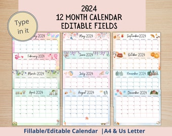2024 EDITABLE Printable Watercolor Calendar, Printable Fillable Monthly Calendar A4 8.5 x 11 Office Calendar 12 month calendar Kids Calendar