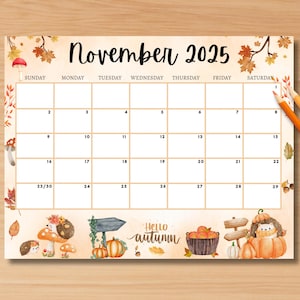 EDITABLE November 2025 Calendar, Cute Autumn 2025 Planner PDF, Cute Printable Editable Calendar Planner for Kids Home Work, Instant Download