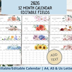 EDITABLE Floral Calendar 2026 Bundle, Editable PDF Calendar, Watercolor Printable Fillable Editable Monthly Calendar 2026,  Instant Download