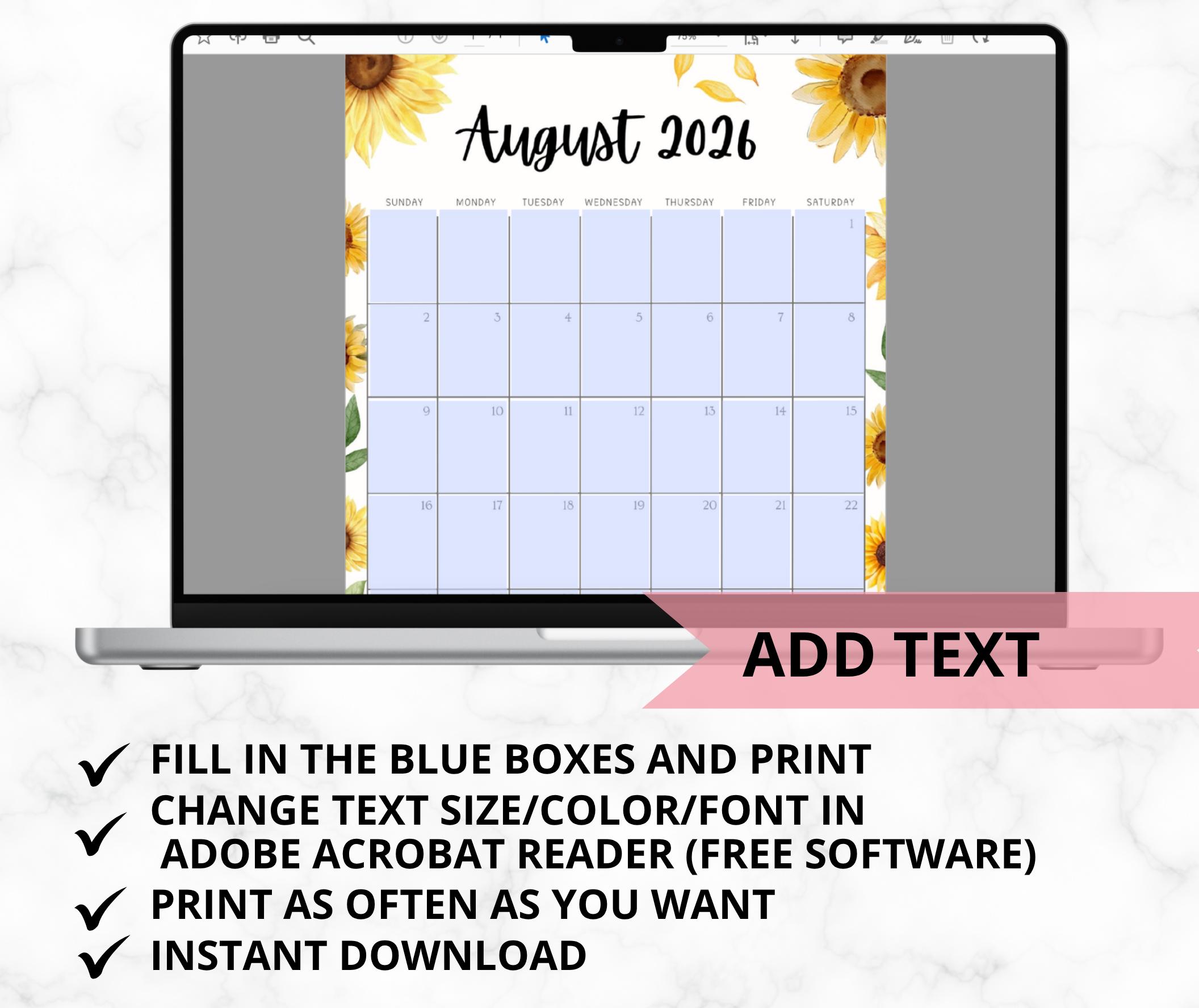 EDITABLE August 2026 Calendar, Printable Monthly Calendar for August ...