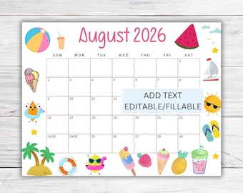 EDITABLE August 2026 Calendar, Printable Wall Calendar 2026, Cute Calendar for August Fillable, Monthly Classroom Calendar, Family Calendar