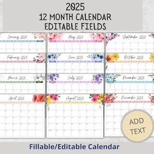 EDITABLE Floral Wall Calendar 2025, Fillable Office Calendar, Simple Work Calendar, School Kids Calendar Monthly Planner Instant download