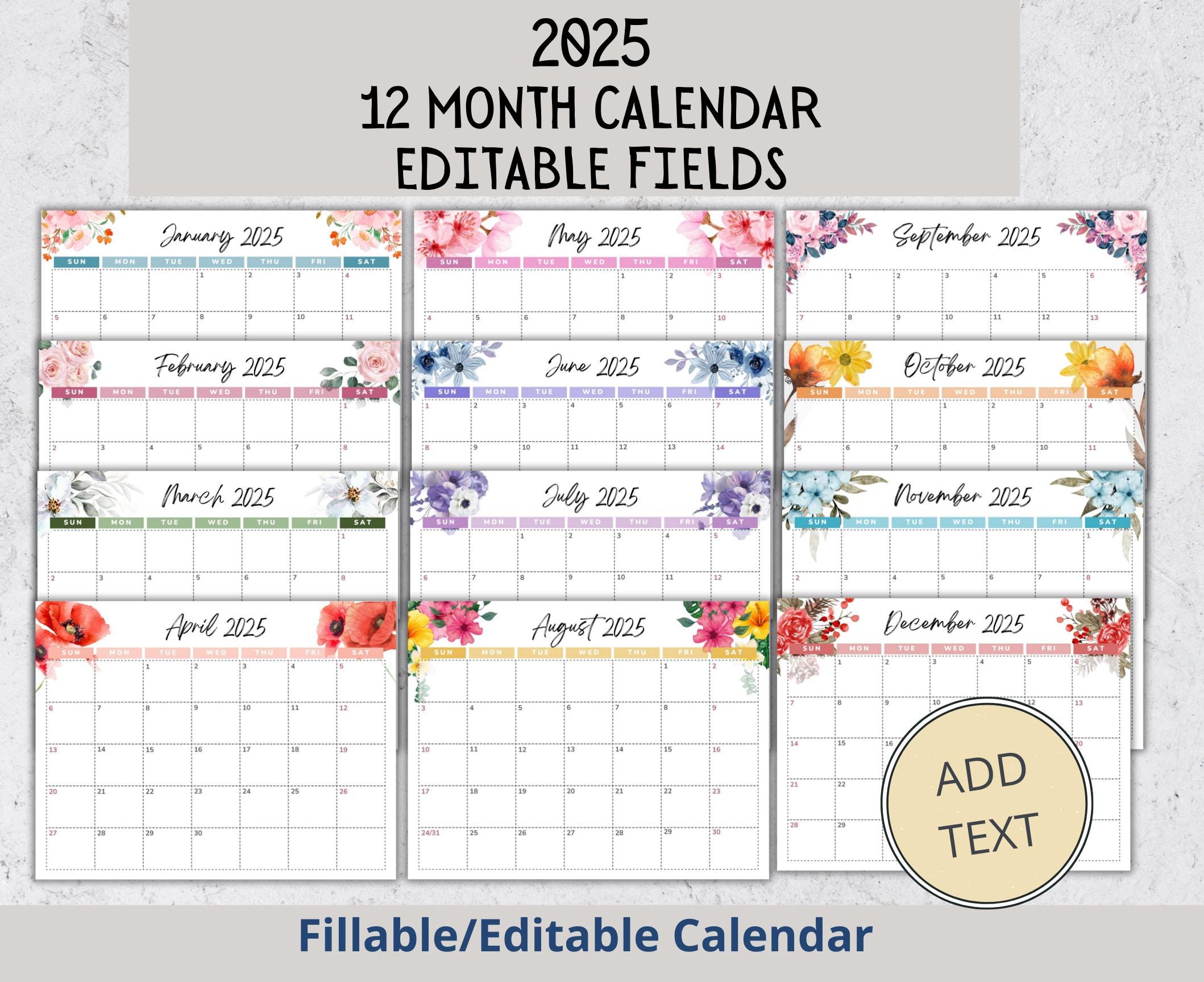 EDITABLE Floral Wall Calendar 2025, Fillable Office Calendar, Simple Work Calendar, School Kids Calendar Monthly Planner Instant download