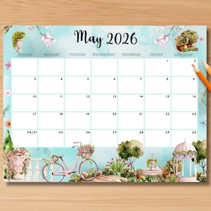 Peut inclure: Calendrier de mai 2026 avec un fond bleu clair et des illustrations de jardin à l'aquarelle. Le calendrier comprend un vélo avec un panier de fleurs, un gazebo et des crayons.