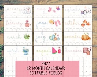 Puede incluir: Un calendario de doce meses para 2027 con campos editables, que presenta ilustraciones en acuarela para cada mes, incluyendo un muñeco de nieve, mariposas, una bicicleta, una taza de café, artículos de playa, hojas de otoño, una calabaza y flores de temporada.