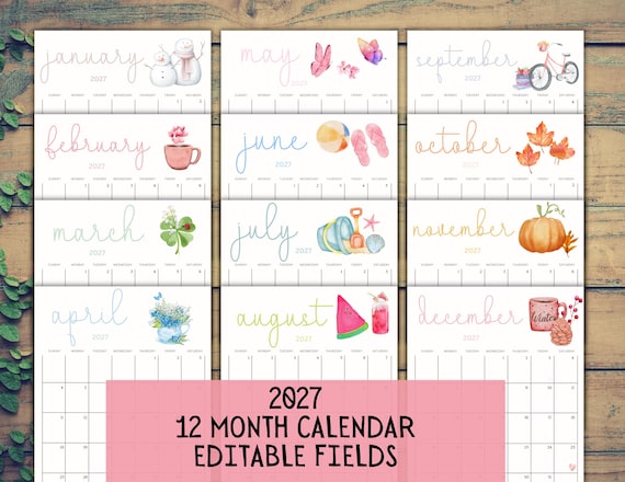 2027 EDITABLE Printable Watercolor Calendar,Printable Fillable Monthly Calendar, A4, A5, 8.5 x 11 Portrait 12 month calendar Digital Planner