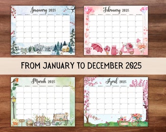 編集可能な2025年月間カレンダーセット、かわいい印刷可能な記入可能な