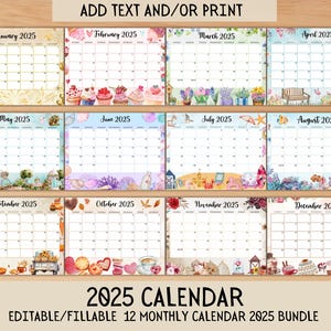 EDITABLE Monthly Calendar 2025 Bundle, Cute Printable Fillable Monthly Calendar 2025, PDF Calendar, Printable, Digital Download