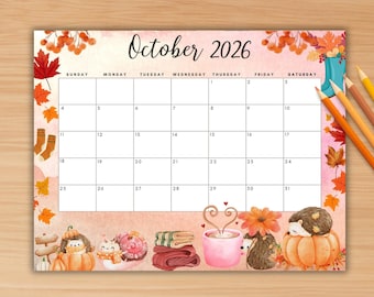 EDITABLE October 2026 Calendar, Printable Wall Calendar 2026, Cute Calendar for October Fillable, Monthly Classroom Calendar Family Calendar