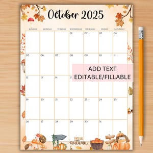 EDITABLE October 2025 Calendar:  Printable Monthly Calendar for October, Vertical Portrait Autumn Planner, Classroom Calendar,