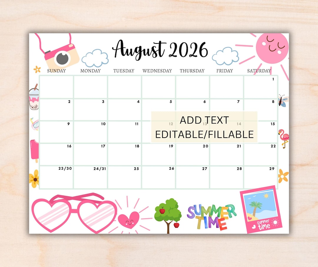 EDITABLE August 2026 Calendar, Printable Wall Calendar 2026, Cute ...