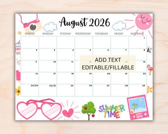 EDITABLE August 2026 Calendar, Printable Wall Calendar 2026, Cute Calendar for August Fillable, Monthly Classroom Calendar, Family Calendar