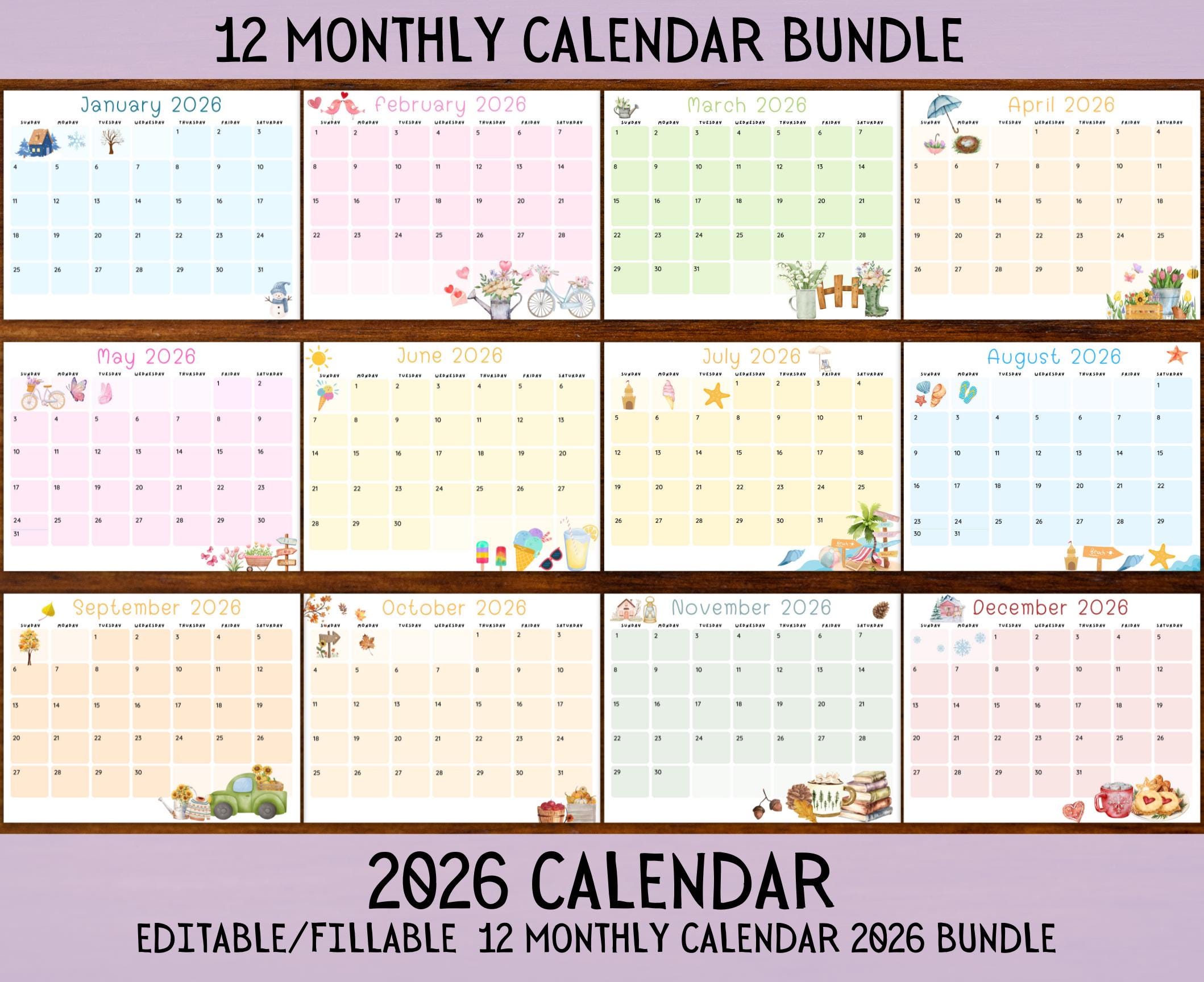 EDITABLE 2026 Calendar Bundle Pack, 2026 Editable Calendar | 12-month ...