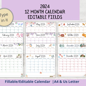 2024 EDITABLE Printable Watercolor Calendar Cute Whole Year 2024 Calendar Printable Fillable Monthly Calendar Classroom Calendar A4 Letter