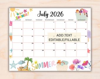 EDITABLE July 2026 Calendar, Printable Wall Calendar 2026, Cute Calendar for July Fillable, Monthly Classroom Calendar, Cute Family Calendar