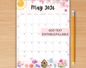 EDITABLE May 2026 Calendar, Printable May Calendar, Cute Monthly Calendar, Spring Planner Calendar for Kids Work Home,Instant download