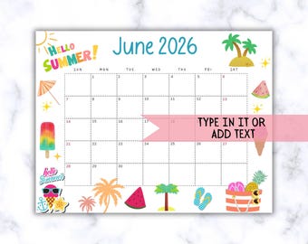 EDITABLE June 2026 Calendar, Printable Wall Calendar 2026, Cute Calendar for June Fillable, Monthly Classroom Calendar, Cute Family Calendar