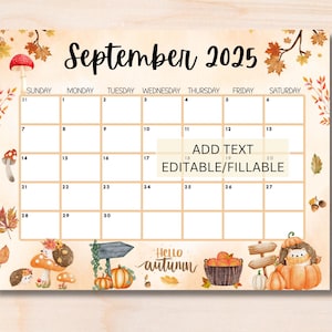 EDITABLE September 2025 Calendar, Printable Monthly Calendar for September, Fall Calendar, Classroom Calendar, 2025 Sept Calendar, Autumn