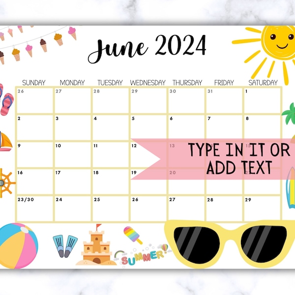 EDITABLE June 2024 Calendar, Printable Wall Calendar 2024, Cute Calendar for June Fillable, Monthly Classroom Calendar, Cute Family Calendar