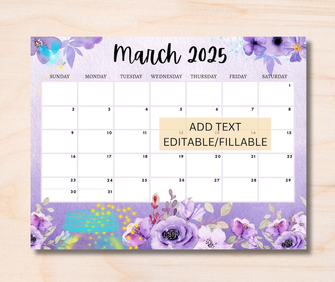 EDITABLE March 2025 Calendar, Cute Calendar for March Fillable ...