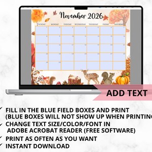 Puede incluir: Un calendario digital para noviembre de 2026 que se muestra en la pantalla de una computadora port&aacute;til. El calendario presenta un tema oto&ntilde;al con ilustraciones de hojas, una calabaza, ciervos y ardillas. El texto "Noviembre 2026" est&aacute; en la parte superior. Instrucciones debajo.