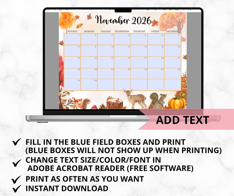Puede incluir: Un calendario digital para noviembre de 2026 que se muestra en la pantalla de una computadora port&aacute;til. El calendario presenta un tema oto&ntilde;al con ilustraciones de hojas, una calabaza, ciervos y ardillas. El texto "Noviembre 2026" est&aacute; en la parte superior. Instrucciones debajo.