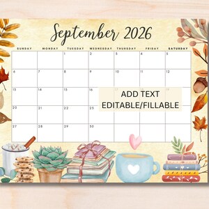 May include: A watercolor-style September 2026 calendar with a beige background and autumn-themed illustrations. The calendar grid is white, with the days of the week across the top. Decorative elements include leaves, acorns, books, and mugs.